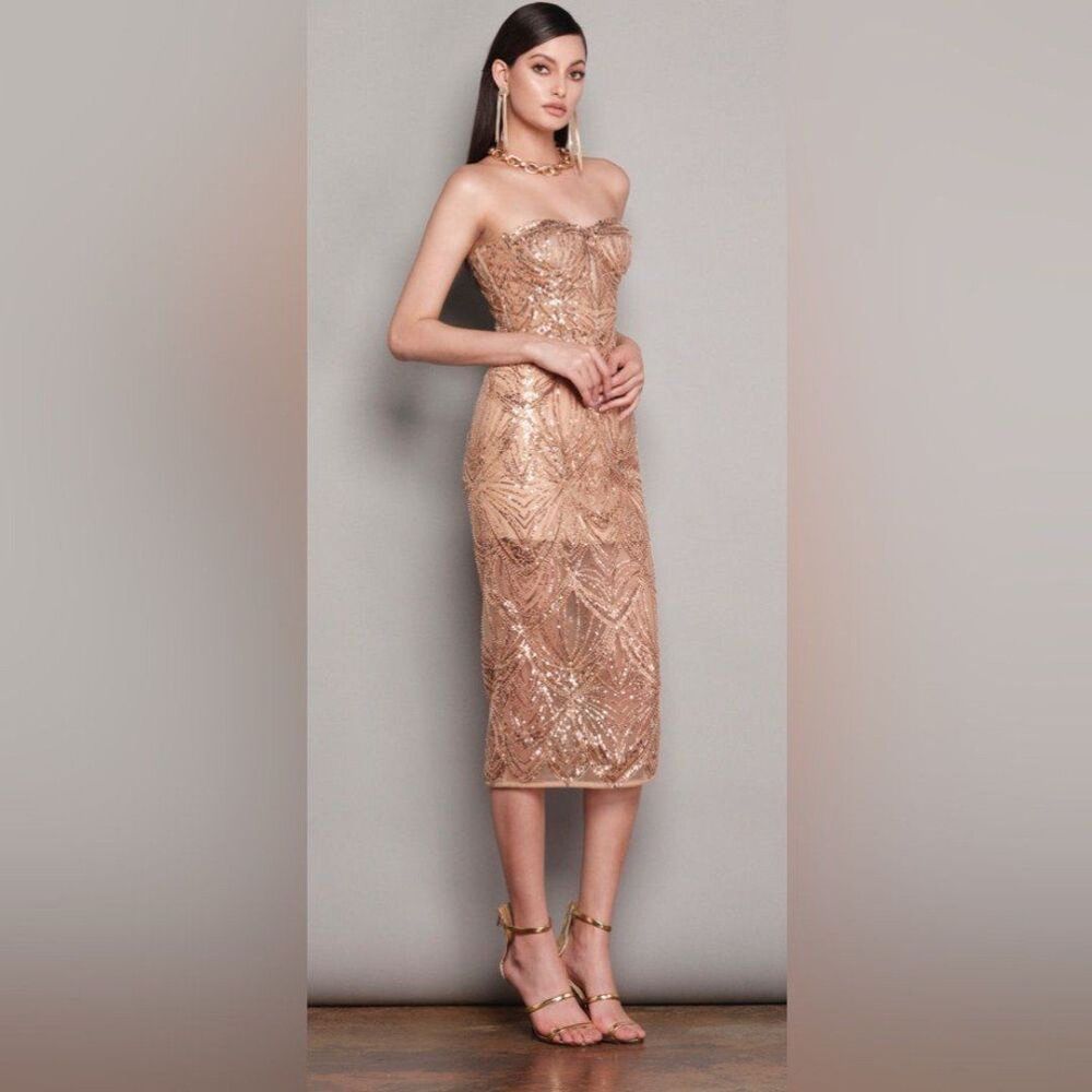 Bronx and Banco Rose Gold Sequin Strapless Midi Dress - Picture 7 of 12